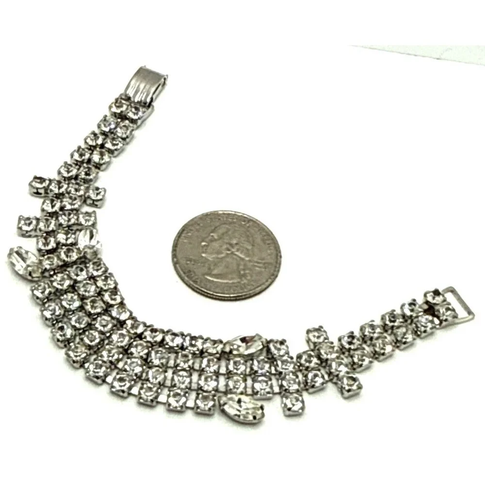 Vintage Clear Crystal Rhinestone Cocktail Bracelet Silver Tone Statement 7